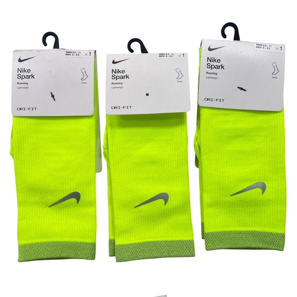 Nike Spark‎ Lightweight Running Crew Socks 3 Pairs Volt Yellow M8-9.5 W 9.5-11